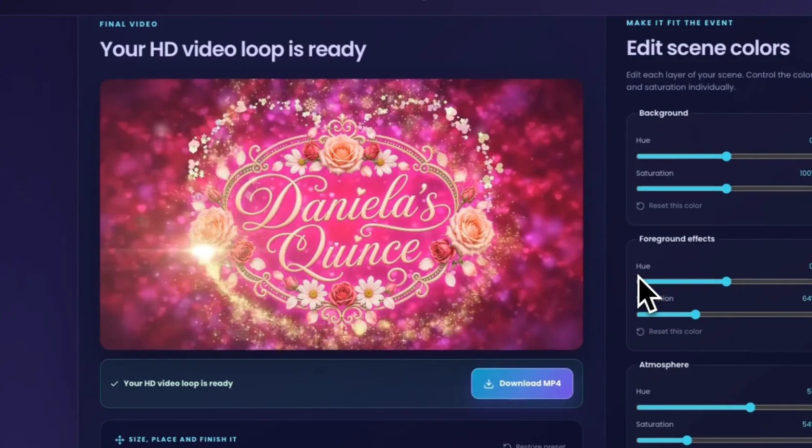 The finished video loop playing on the Your HD video loop is ready screen with the Download MP4 button